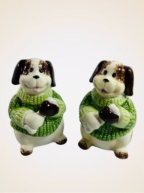 Vintage Salt Pepper Shakers Happy Dog Puppy Green Sweater Bone Brown White GKAO